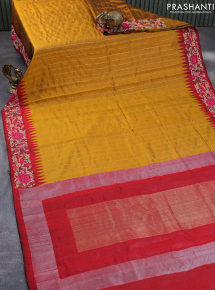 Pure dupion silk saree mustard yellow and maroon with allover zari weaves and temple woven floral design embroidery work border