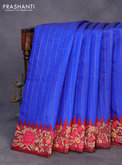 Pure dupion silk saree blue and maroon with allover zari weaves and temple woven floral design embroidery work border