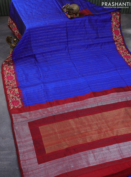 Pure dupion silk saree blue and maroon with allover zari weaves and temple woven floral design embroidery work border