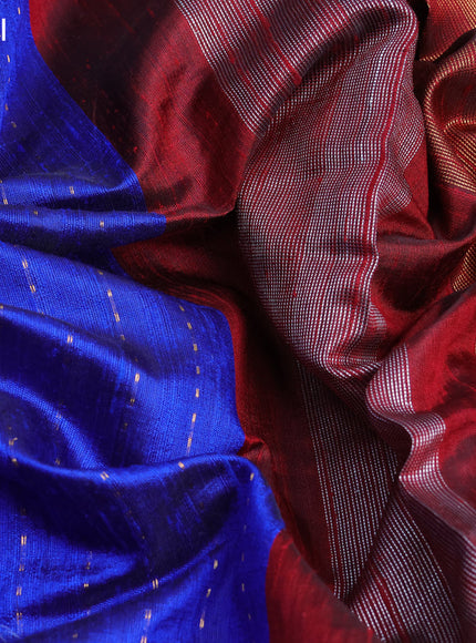 Pure dupion silk saree blue and maroon with allover zari weaves and temple woven floral design embroidery work border