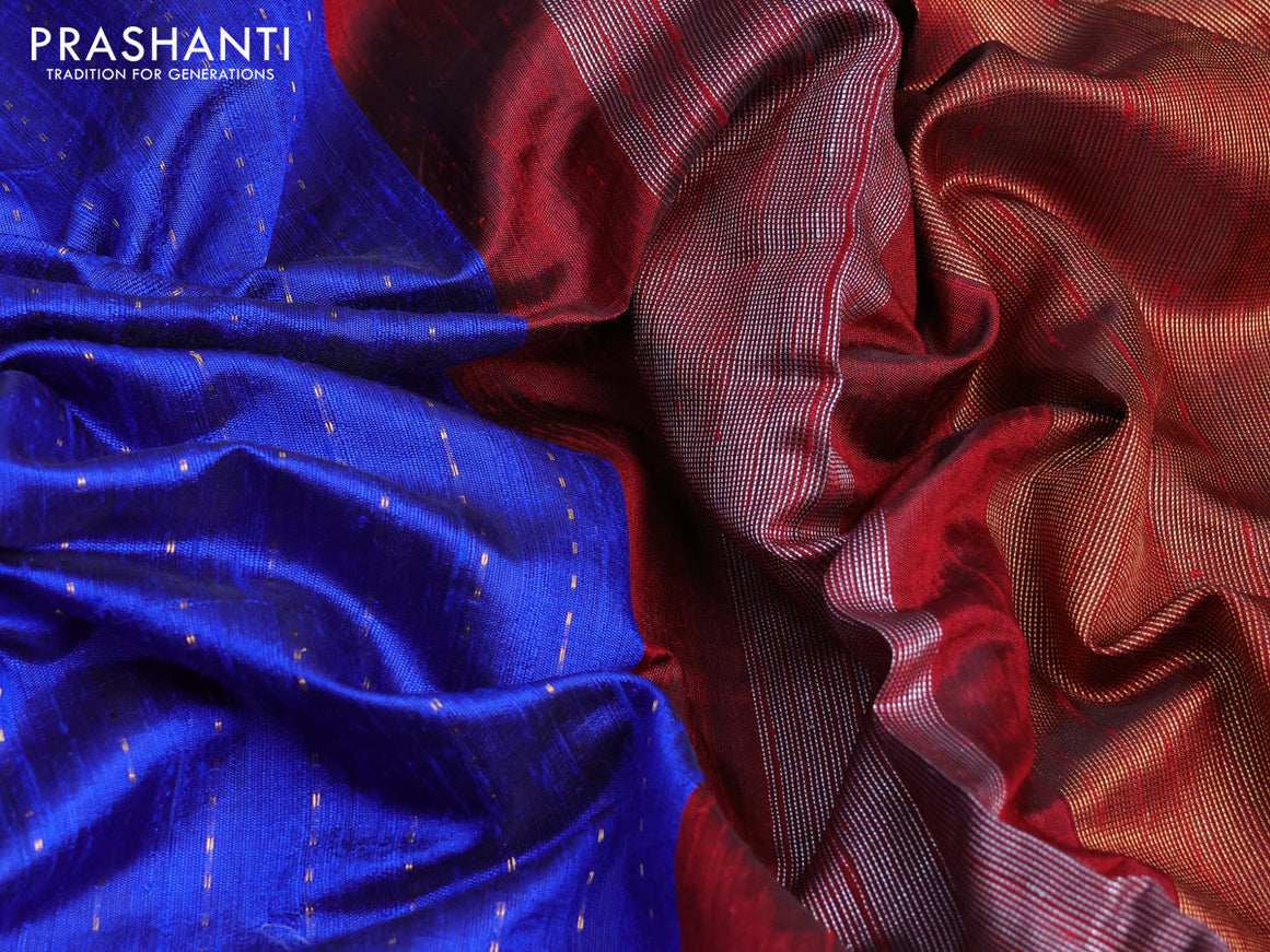 Pure dupion silk saree blue and maroon with allover zari weaves and temple woven floral design embroidery work border