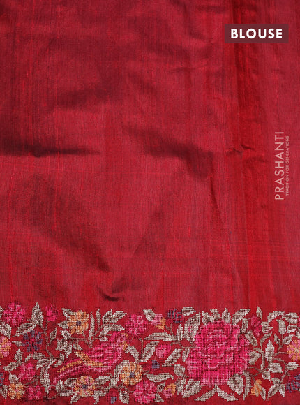 Pure dupion silk saree blue and maroon with allover zari weaves and temple woven floral design embroidery work border