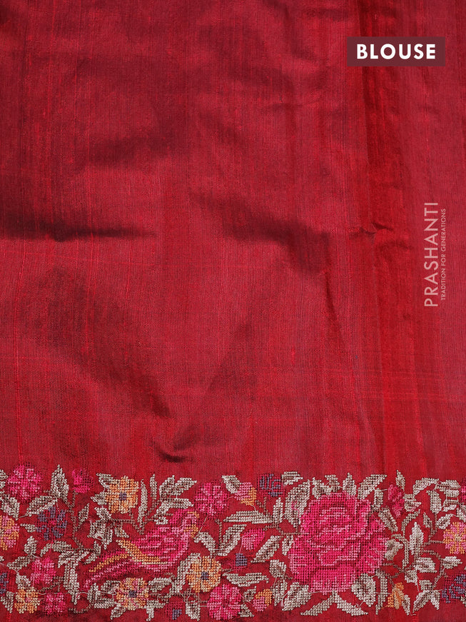 Pure dupion silk saree blue and maroon with allover zari weaves and temple woven floral design embroidery work border