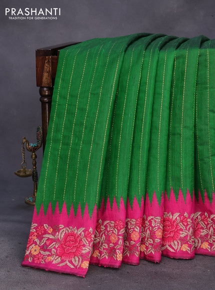 Pure dupion silk saree green and dark pink with allover zari weaves and temple woven floral design embroidery work border