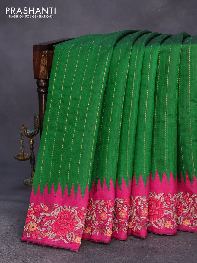 Pure dupion silk saree green and dark pink with allover zari weaves and temple woven floral design embroidery work border