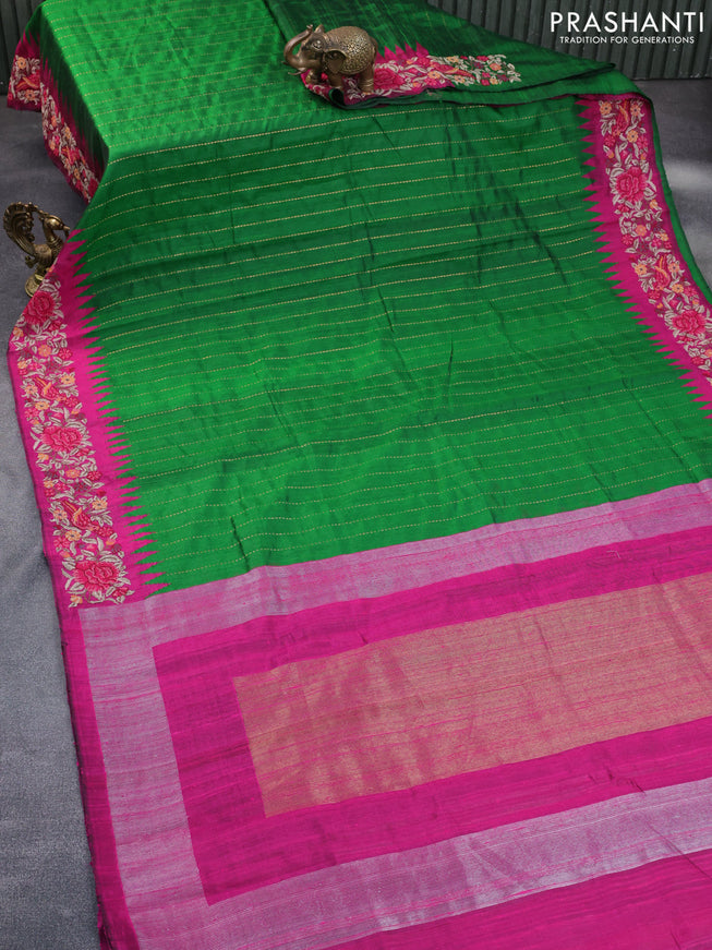 Pure dupion silk saree green and dark pink with allover zari weaves and temple woven floral design embroidery work border