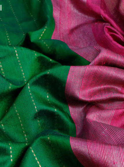 Pure dupion silk saree green and dark pink with allover zari weaves and temple woven floral design embroidery work border