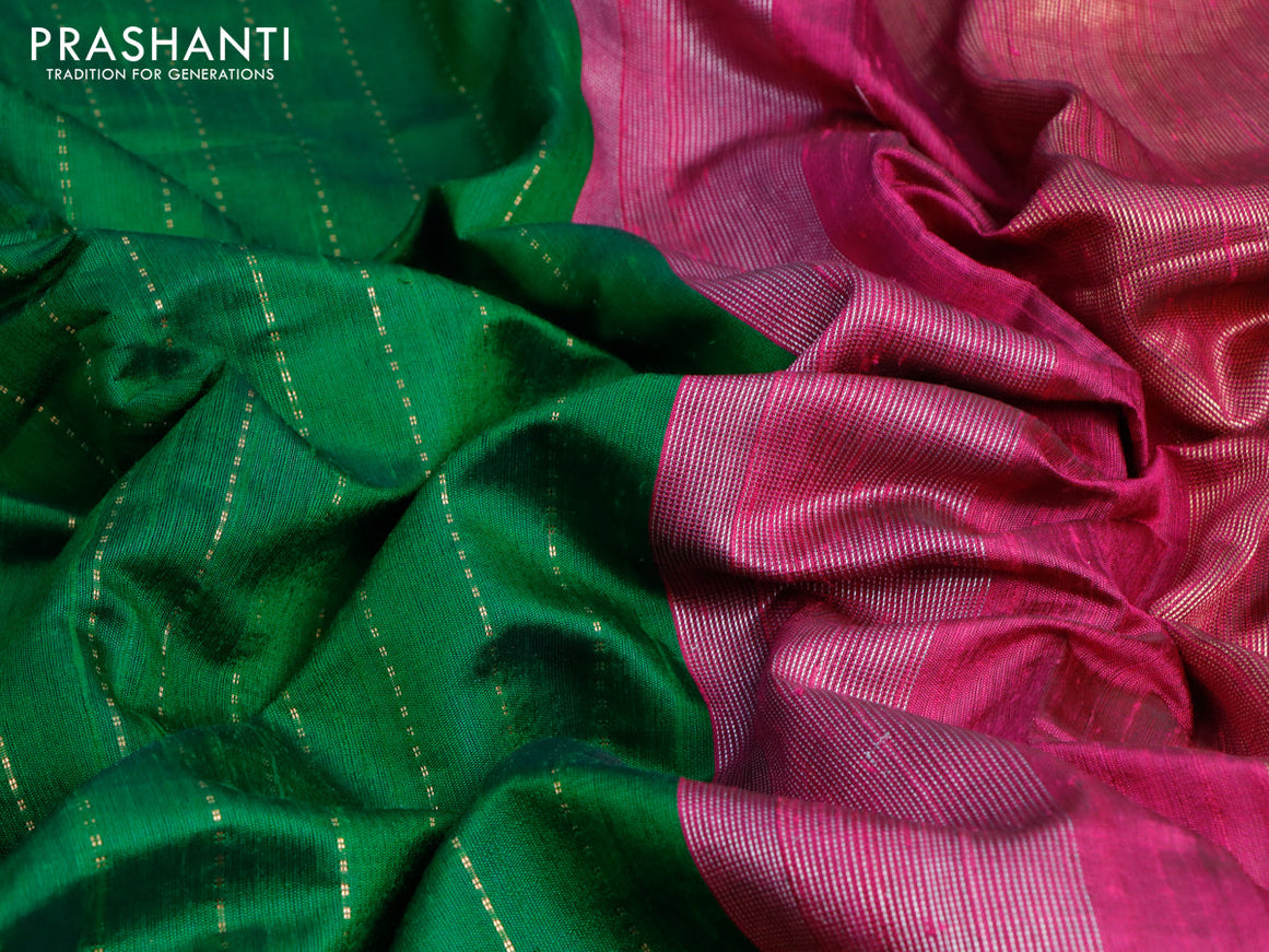 Pure dupion silk saree green and dark pink with allover zari weaves and temple woven floral design embroidery work border