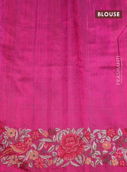 Pure dupion silk saree green and dark pink with allover zari weaves and temple woven floral design embroidery work border