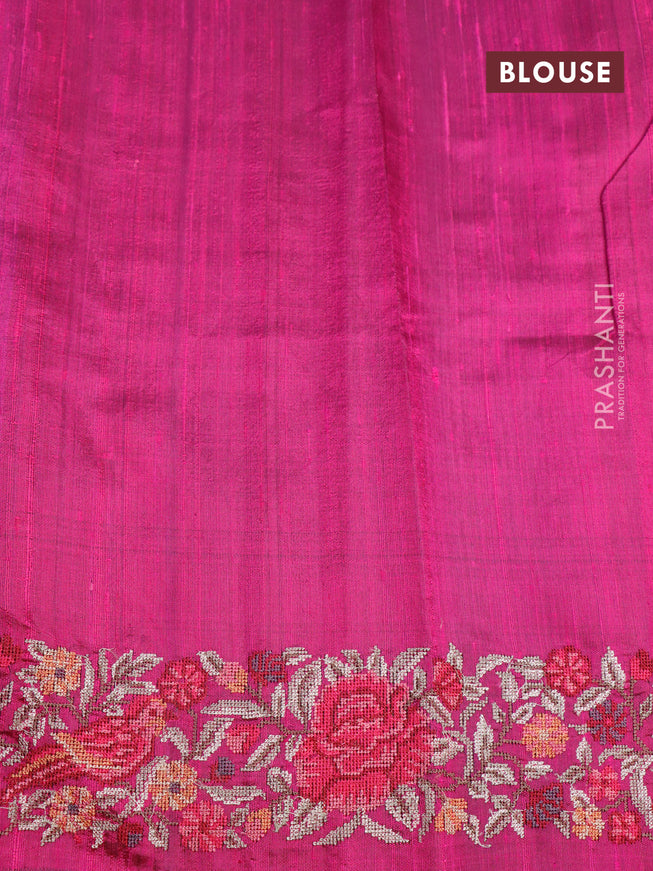 Pure dupion silk saree green and dark pink with allover zari weaves and temple woven floral design embroidery work border