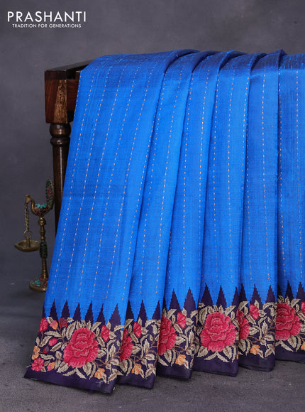 Pure dupion silk saree cs blue and dark blue with allover zari weaves and temple woven floral design embroidery work border