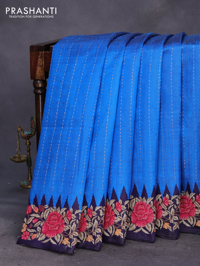 Pure dupion silk saree cs blue and dark blue with allover zari weaves and temple woven floral design embroidery work border