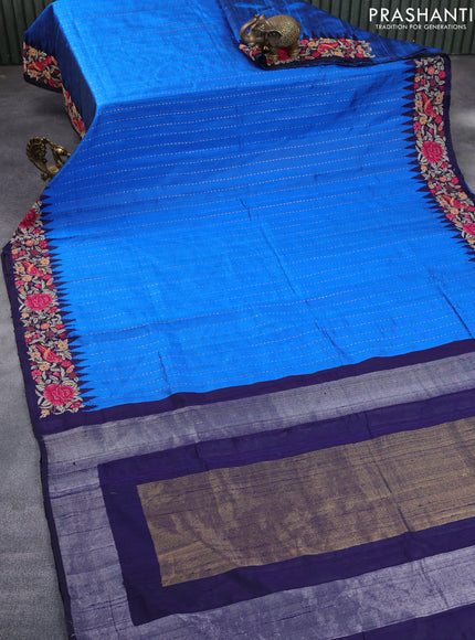 Pure dupion silk saree cs blue and dark blue with allover zari weaves and temple woven floral design embroidery work border