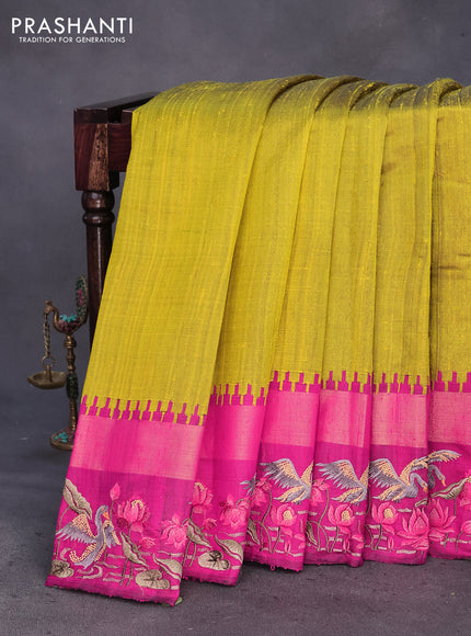 Pure dupion silk saree lime yellow and pink with plain body and temple design ganga jamuna border