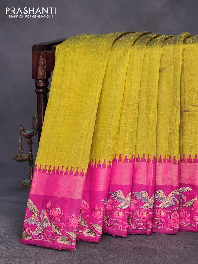 Pure dupion silk saree lime yellow and pink with plain body and temple design ganga jamuna border