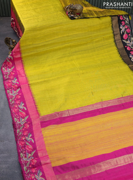 Pure dupion silk saree lime yellow and pink with plain body and temple design ganga jamuna border