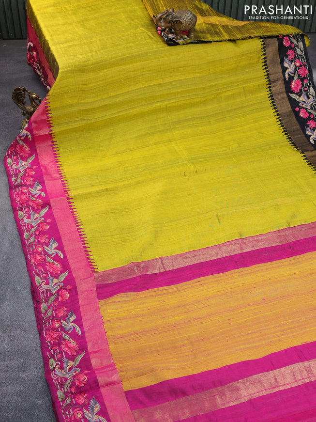 Pure dupion silk saree lime yellow and pink with plain body and temple design ganga jamuna border