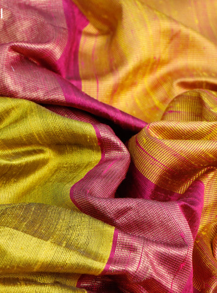 Pure dupion silk saree lime yellow and pink with plain body and temple design ganga jamuna border