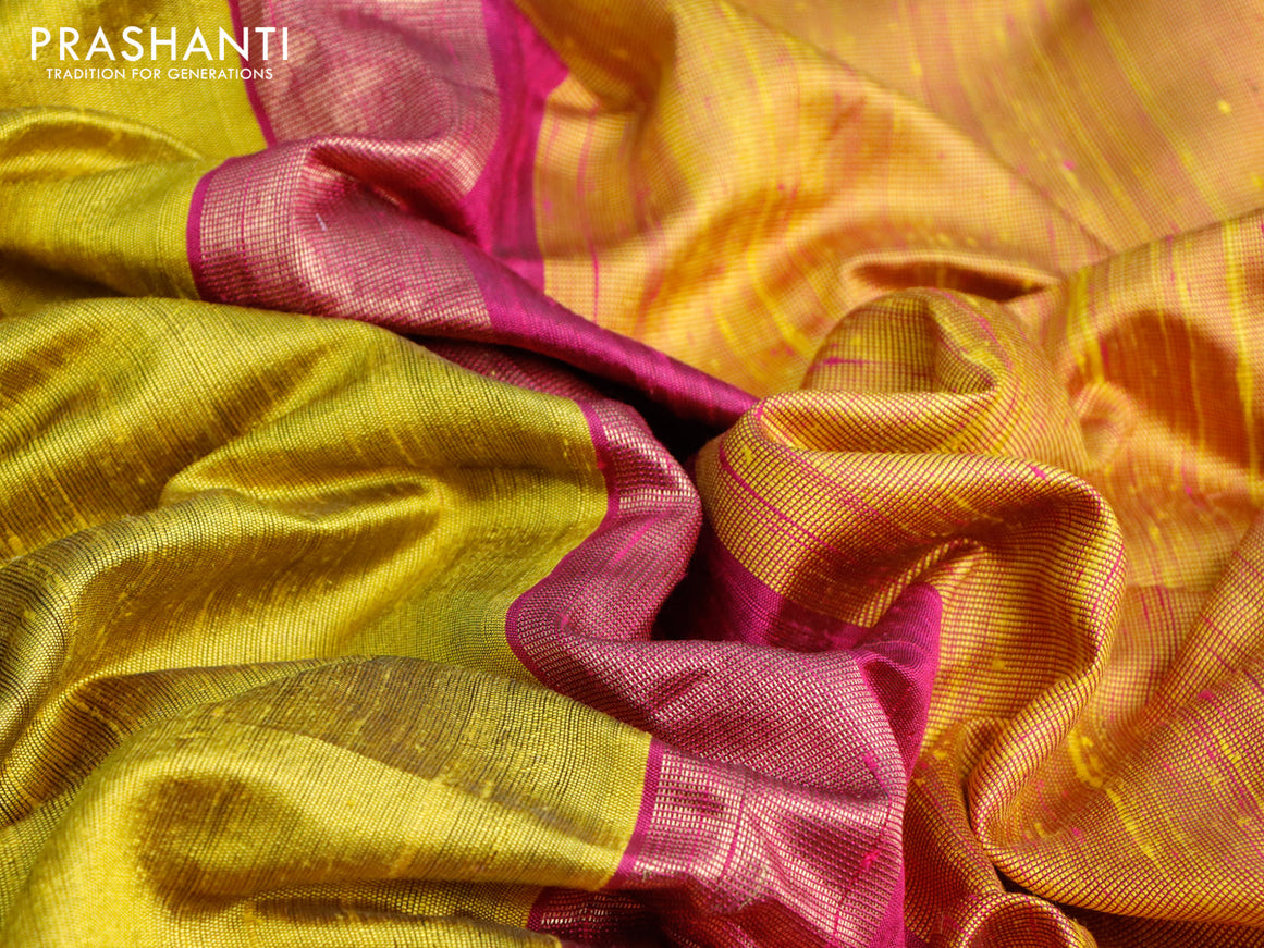 Pure dupion silk saree lime yellow and pink with plain body and temple design ganga jamuna border