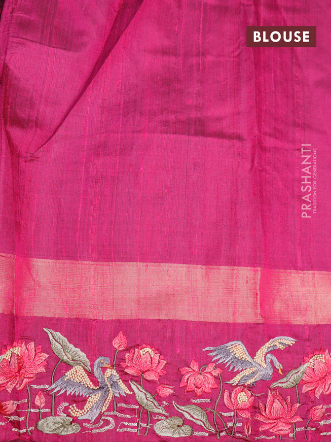 Pure dupion silk saree lime yellow and pink with plain body and temple design ganga jamuna border