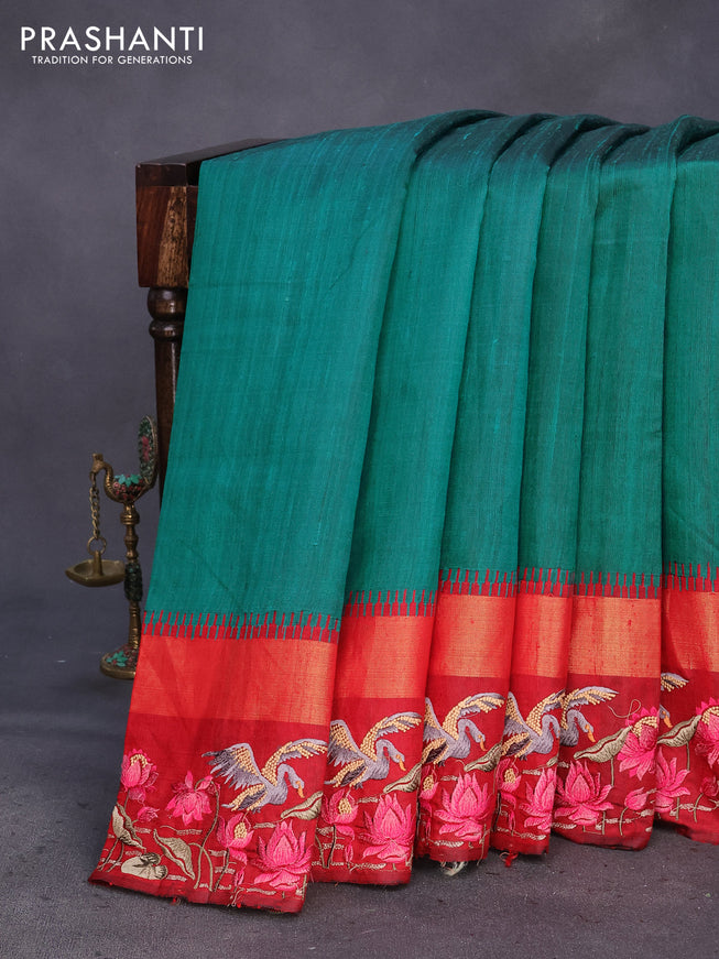 Pure dupion silk saree peacock green and maroon with plain body and temple design zari woven embroidery work border