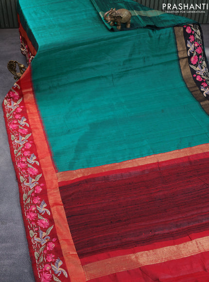 Pure dupion silk saree peacock green and maroon with plain body and temple design zari woven embroidery work border