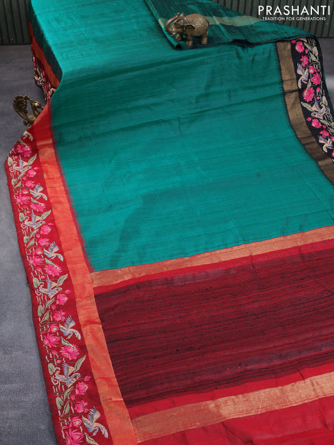 Pure dupion silk saree peacock green and maroon with plain body and temple design zari woven embroidery work border