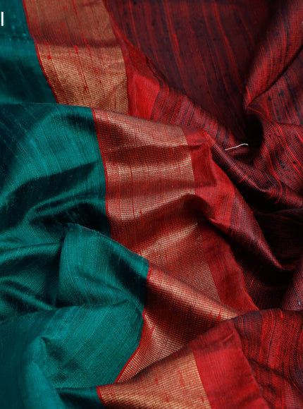 Pure dupion silk saree peacock green and maroon with plain body and temple design zari woven embroidery work border