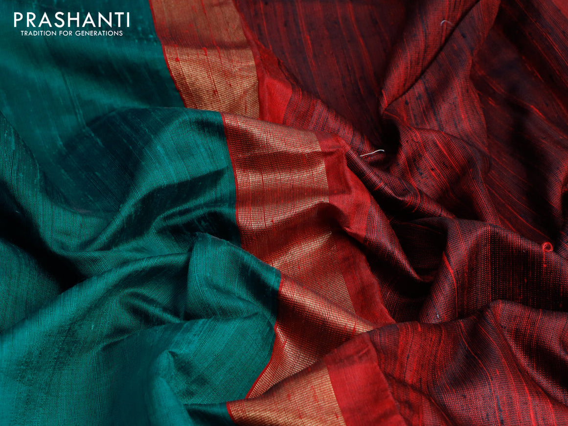 Pure dupion silk saree peacock green and maroon with plain body and temple design zari woven embroidery work border