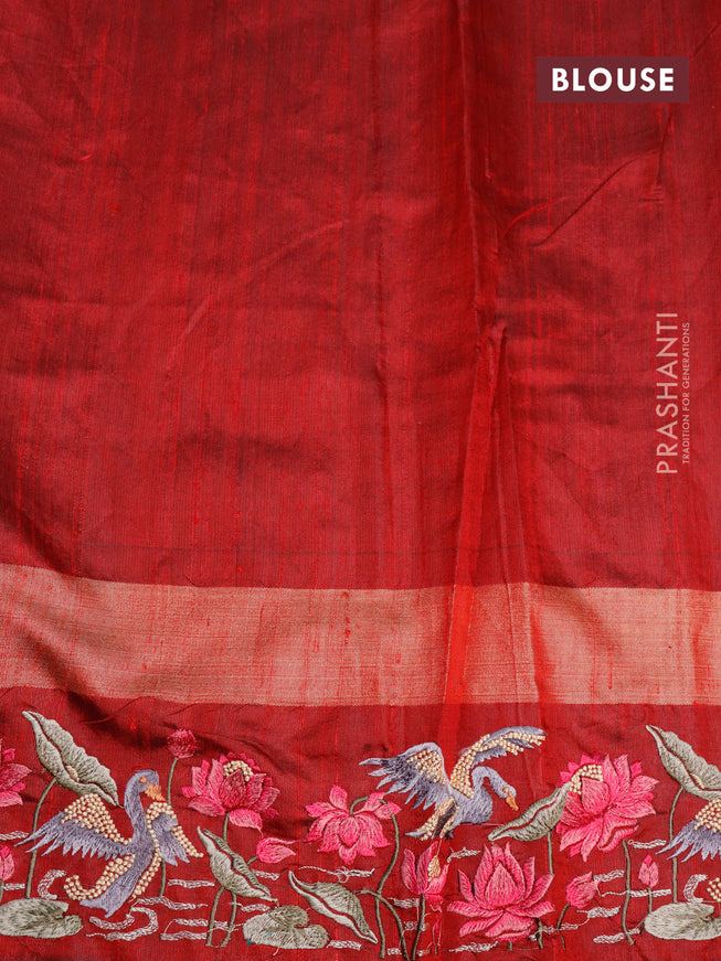 Pure dupion silk saree peacock green and maroon with plain body and temple design zari woven embroidery work border