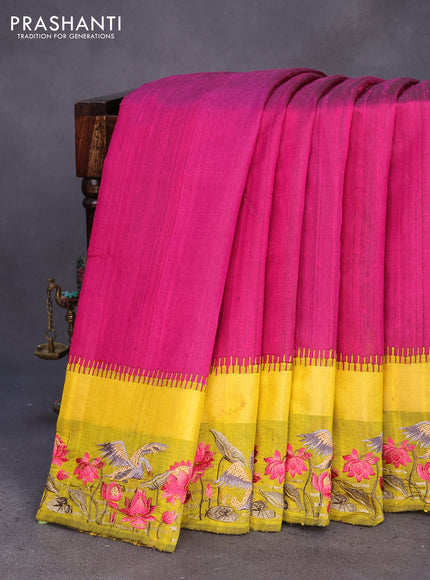 Pure dupion silk saree dark pink and lime yellow with plain body and temple design ganga jamuna border