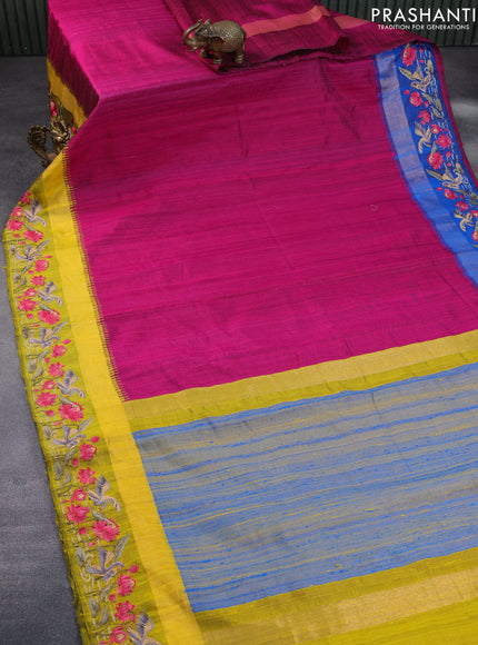 Pure dupion silk saree dark pink and lime yellow with plain body and temple design ganga jamuna border