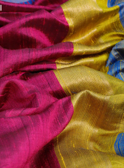 Pure dupion silk saree dark pink and lime yellow with plain body and temple design ganga jamuna border