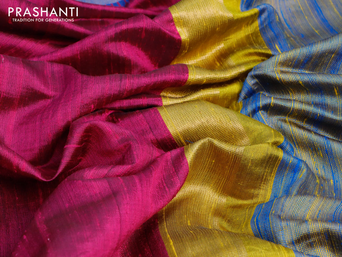 Pure dupion silk saree dark pink and lime yellow with plain body and temple design ganga jamuna border