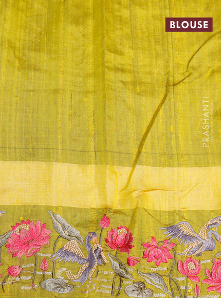 Pure dupion silk saree dark pink and lime yellow with plain body and temple design ganga jamuna border