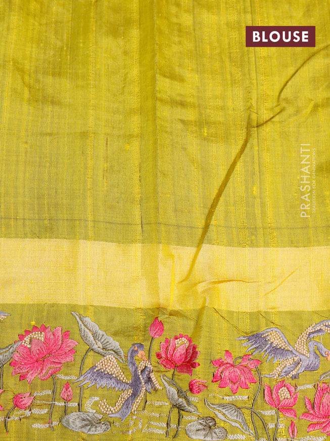 Pure dupion silk saree dark pink and lime yellow with plain body and temple design ganga jamuna border