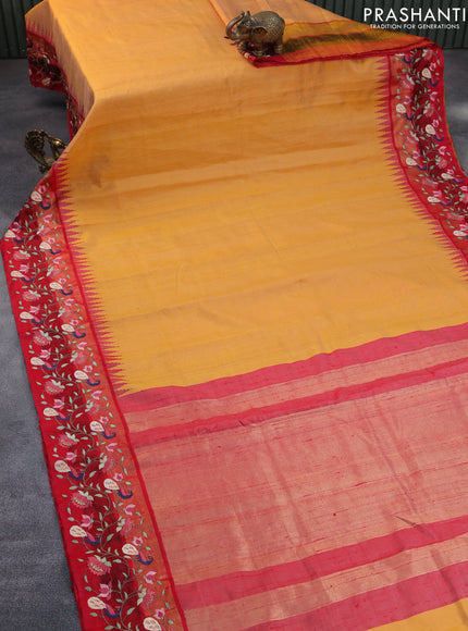 Pure dupion silk saree yellow and red with plain body and temple woven peacock & floral design embroidery work border