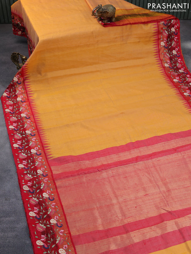 Pure dupion silk saree yellow and red with plain body and temple woven peacock & floral design embroidery work border