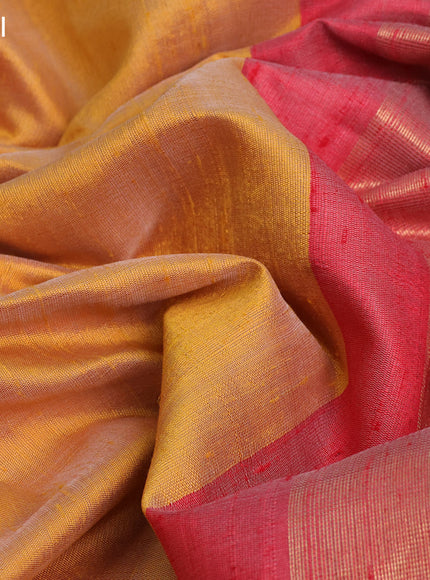 Pure dupion silk saree yellow and red with plain body and temple woven peacock & floral design embroidery work border