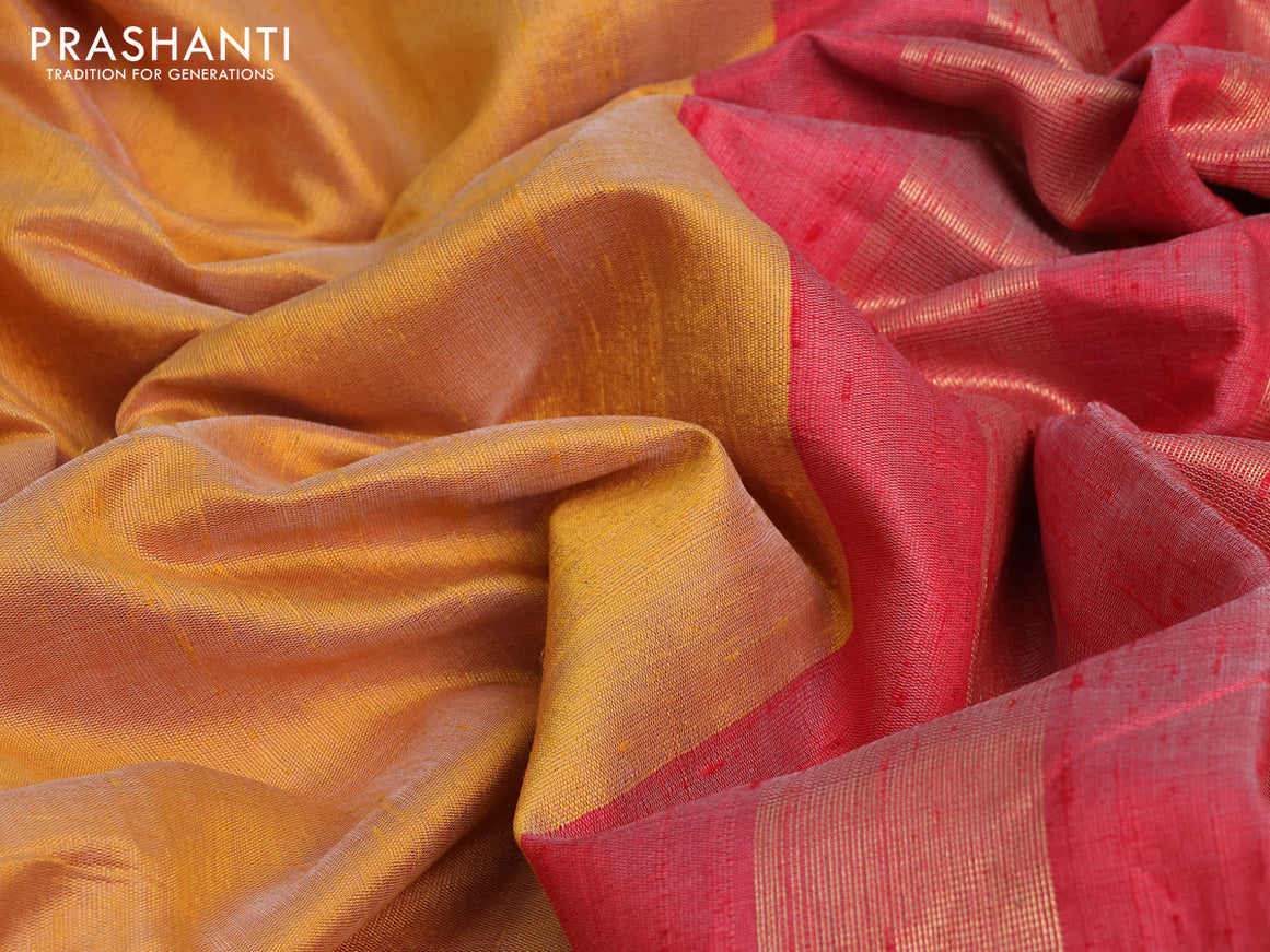 Pure dupion silk saree yellow and red with plain body and temple woven peacock & floral design embroidery work border