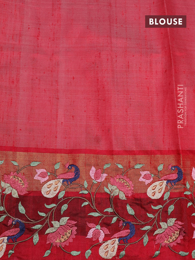 Pure dupion silk saree yellow and red with plain body and temple woven peacock & floral design embroidery work border