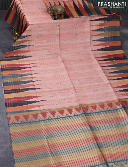 Semi tussar saree pastel peach and multi colour with allover geometric zari weaves & ikat butta prints and temple design border