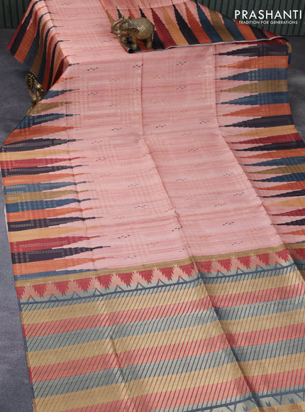 Semi tussar saree pastel peach and multi colour with allover geometric zari weaves & ikat butta prints and temple design border