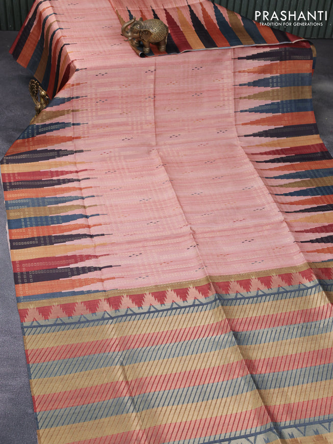 Semi tussar saree pastel peach and multi colour with allover geometric zari weaves & ikat butta prints and temple design border