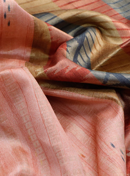 Semi tussar saree pastel peach and multi colour with allover geometric zari weaves & ikat butta prints and temple design border