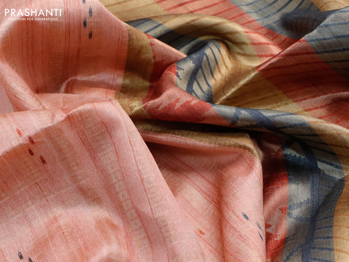 Semi tussar saree pastel peach and multi colour with allover geometric zari weaves & ikat butta prints and temple design border