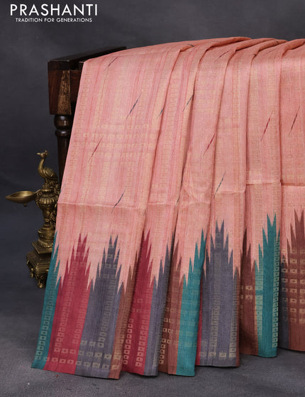 Semi tussar saree peach shade and brown with allover geometric zari weaves & ikat butta prints and temple design border