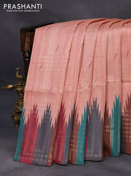 Semi tussar saree peach shade and brown with allover geometric zari weaves & ikat butta prints and temple design border