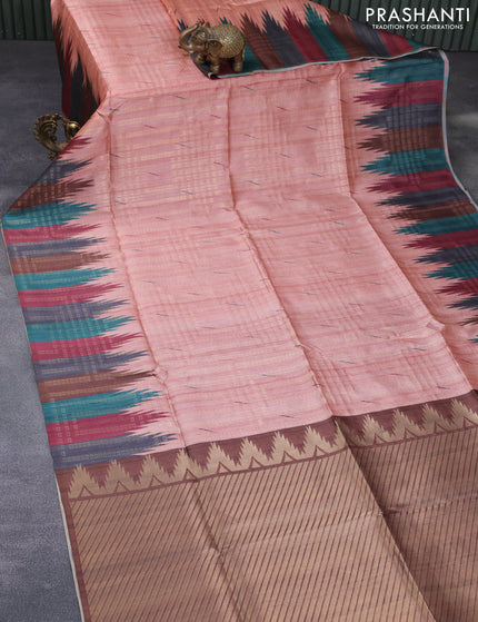 Semi tussar saree peach shade and brown with allover geometric zari weaves & ikat butta prints and temple design border