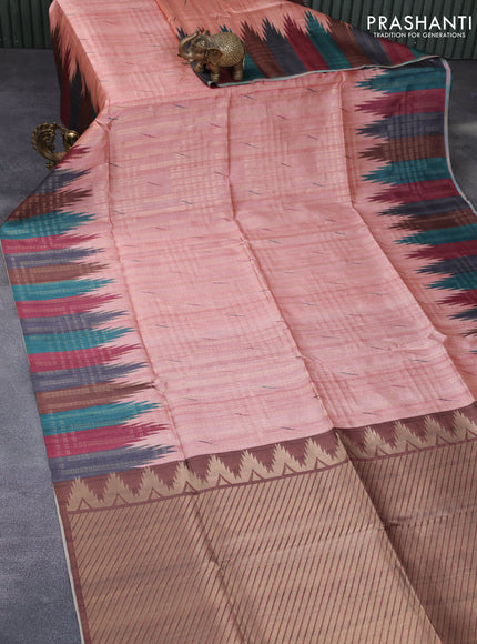 Semi tussar saree peach shade and brown with allover geometric zari weaves & ikat butta prints and temple design border